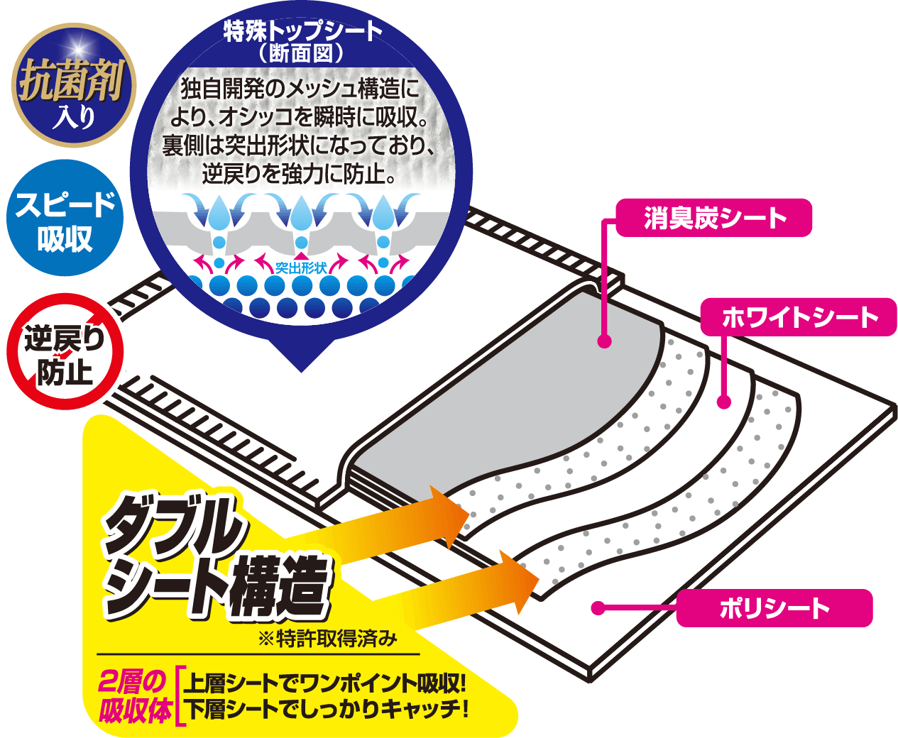 特殊トップシート(断面図) 独自開発のメッシュ構造により、オシッコを瞬時に吸収。裏側は突出形状になっており、逆戻りを協力に防止。ダブルシート構造
